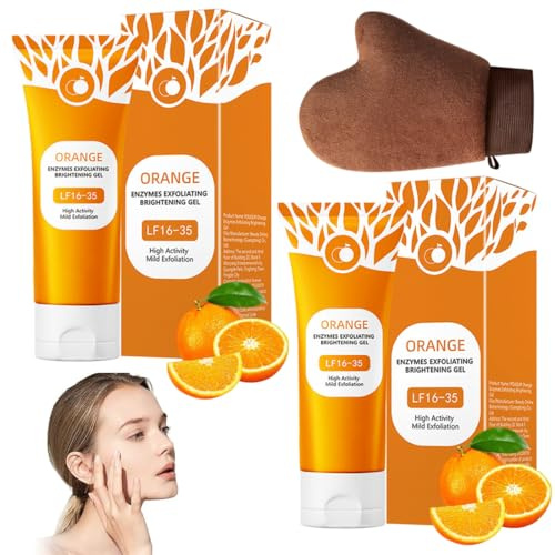 GXGM 2 Pièces Orange Exfoliant Gel, Nettoyant Visage Gommage, Pour un Nettoyage en Profondeur des Pores - 100 g - Pour le Visage et le Corps,Livré avec 1 Gant Flocé Marron