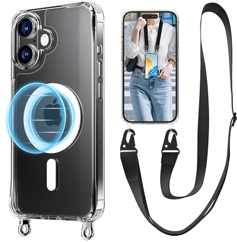 UnnFiko Handyband für iPhone 17 Hülle mit Band,Transparent Handyhülle Magnetische zum Umhängen Schutzhülle mit Kette Kordel Weich Silikon Case,Schwarz