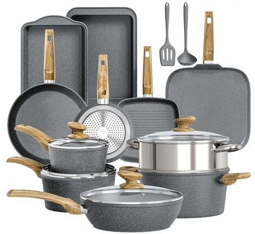 DishDelight 17pcs Ensemble Casserole et Poele Induction Antiadhésif Batterie de Cuisine Poele a Crepe Pancakes sans Pfas sans Pfoa Couvercles Verre
