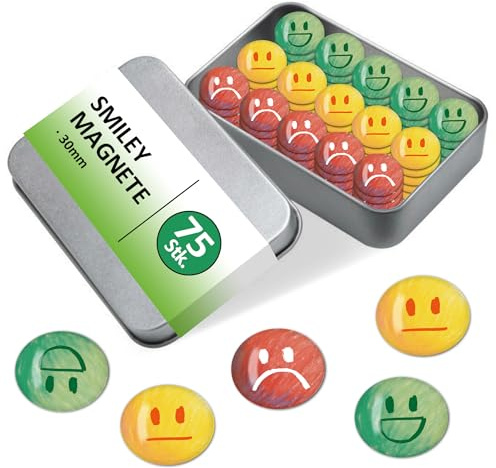 BIROYAL Smiley Magnete, Magnet Smiley 3D, 75 STK, mit Metallbox, Buntstifte | Ø 30mm, 3mm Dicke, 3D Tropfharz, Kratzfest Magnete, Lehrer Zubehör, Magnete für Magnettafel, Tafel, Belohnungstafel Kinder