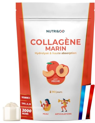 NUTRI & CO Collagene Marin Poudre Types 1, 2, 3 + Vitamine C, Breveté Naticol® & Cartydiss®, Peptides Hydrolysés 2000 DA, Format 90jrs 540g, Goût Pêche, Fabriqué en France