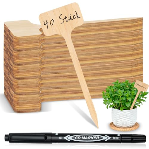 Gucass 40 x växtskyltar av bambu, växtpinnar för märkning inklusive markörer, väderbeständiga plugin-etiketter, växtskyltar för grönsaker, örter, blommor (6 x 18 cm)