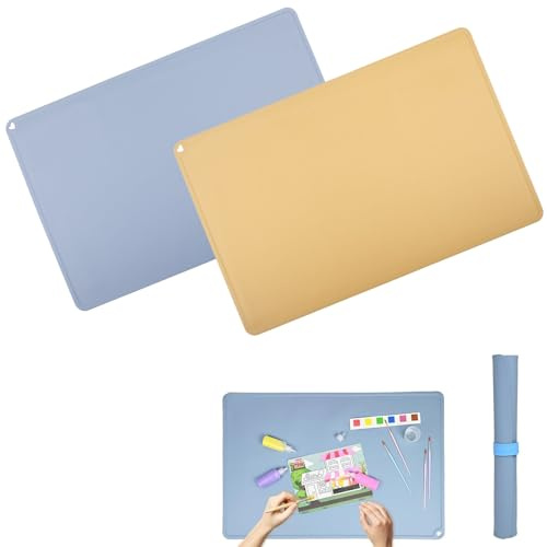 2 Stück Malunterlage für Kinder 60x40cm, Silikon Bastelunterlage Groß A2 Silikon Malunterlage mit Absorptionsclip Wiederverwendbare Malmatte Blatt Matte für Malen, Harz, Sand Art, Antihaft Waschbar