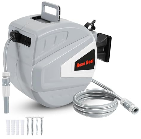 Monucep Avvolgitubo 30 + 2 m, avvolgitubo automatico a 180°, scatola tubolare da parete con doccetta, tubo da giardino, girevole per l'irrigazione del giardino