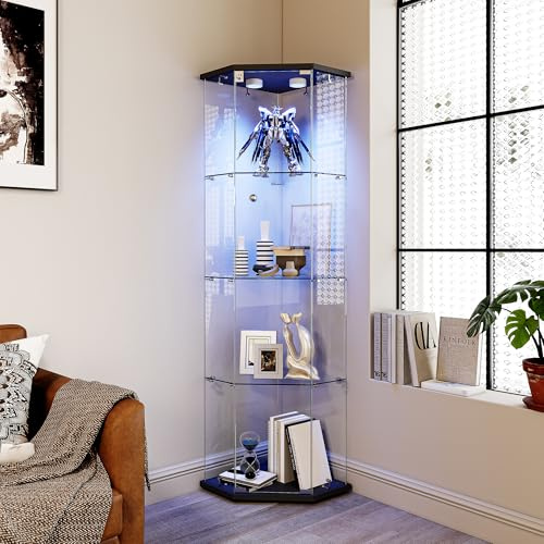 Femkantigt vitrinskåp med LED-belysning, hörnvitrin i glas, 4 hyllor, 1 dörr med lås, glasskåp för samling, vardagsrum, sovrum (svart B/162 x 60 x 42,5 cm)