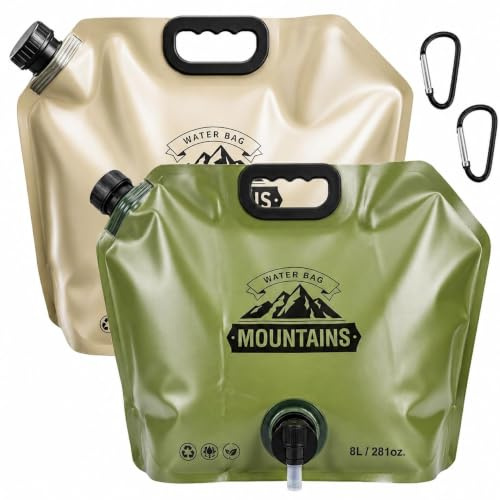 2 Cubos Plegables 8L con Grifo, Bidon Agua y Garrafa de Agua Plegable para Camping y Viajes, Depósito de Agua con Boca Ancha y Mosquetón para Exterior y Jardín