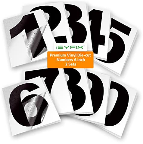 iSYFIX Black Vinyl Numbers Stickers – 6 Inch Self Adhesive (2 Sets)- Premium Decal Die Cut and Pre-Spaced for Mailbox, Signs, Window, Door, Cars, Trucks, Homes, Address Numbers, Indoor or Outdoor