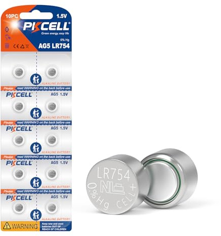 PKCELL AG5/LR754 Batteries (10-Pack), 1.5V AIkaline Button Battery for Toys | Mercury-Free, 66mAh Coin Battery for Low-Power Devices - Hearing Aids, Car Remotes & LED Lights