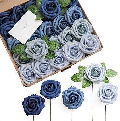 Ling's Moment Artificial Flowers, 25Pcs 3 Roses in Dusty Blue Shades, Realistic DIY Foam Floral Decor for Wedding Bouquets/Centerpieces, Outdoor Party Backdrops, Room/Table, and Garden/Pot Decoration