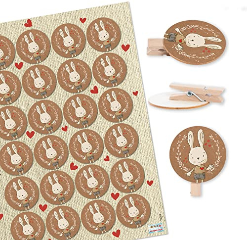 Logbuch-Verlag 24 Osterhasen Holzklammern mit Osteraufkleber Osterdeko zum Verzieren & Basteln Ostern Give-Away 4 cm