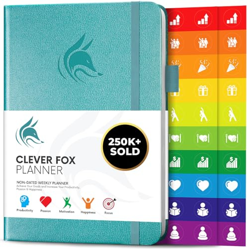 Agenda Clever Fox - Pianificatore Agendina Calendario Giornaliera e Settimanale per Produttività, Successo e Raggiungere gli Obiettivi - Diario Quotidiano e Settimanale, Aquamarine, A5
