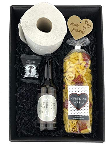 schenken-24 Geschenkbox 'Alles Wird gut!' / für Männer/Klopapier/Toilettenpapier/Bier/Notfallbox/Geschenk, Holzherzen:Kleines Holzherz 'Bleib gesund'
