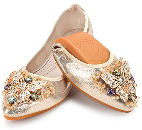 KUNWFNIX Womens Foldable Ballet Flats Soft Pointed Toe Rhinestone Butterfly Ballerina Shoes Sparkly Comfort Slip on Flat Shoes