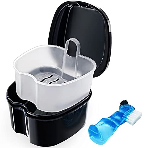Black Denture Soaking Container Partial Denture Case, Orthodontic Retainer Cleaning Case Denture Cleaner Container Dentures Teeth Cup with Strainer and Lid Waterproof