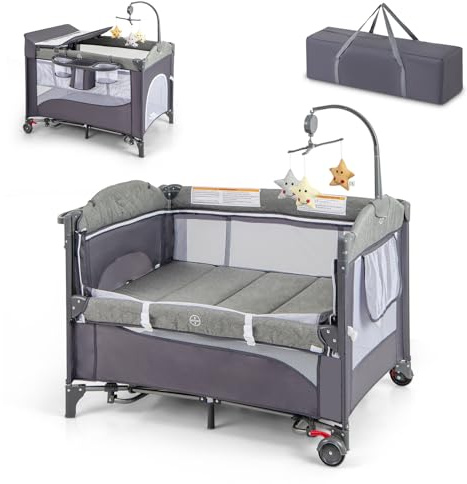 DREAMADE Reisebett mit Matratze, 5 in 1 Beistellbett Baby mit Rollen & Wickelauflage & Spieluhr, 110×76cm Babybett mit Tragetasche, Stubenwagen für Neugeborene & Baby (Grün)