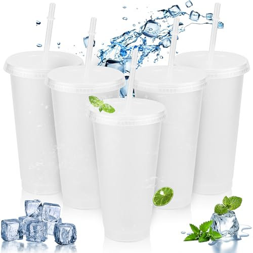 5 Pcs 24oz Iced Water Cups with Lids & Straws, Cold Drinking Tumblers, Plastic Tumbler Set, Reusable & BPA Free Plastic Cup, Coffee Smoothie Slushy Drinking Cup, Party Cups for Kid Adults(Transparent)