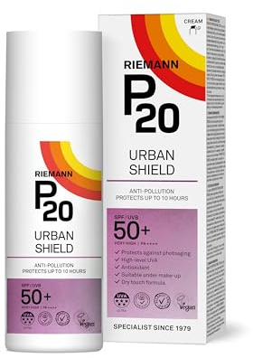 P20 Solkräm SPF 50+, Urban Shield, solskydd upp till 10 h, trippelskyddsteknik, UVA/UVB-strålskydd, antioxidant med vitamin C+E, vatten- och veganbeständig, 50 ml