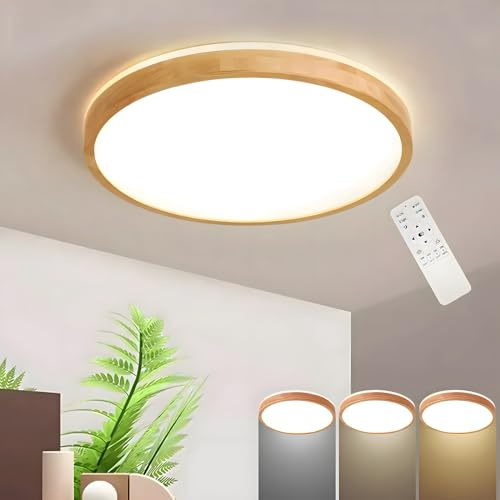WayLuoung Holz LED Deckenleuchte | Ø50cm 3000-6000K 36W | Runden Oberseite, 360° Leuchtende Natürliche Holzlampe, Schlafzimmer Wohnzimmer Kinderzimmer Küche Esszimmer (Dimmbar Mit Fernbedienung)