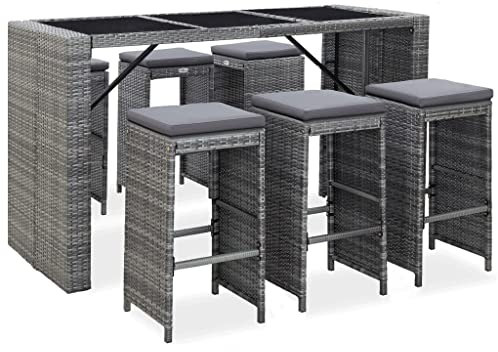 Makastle 7-teilig Gartenbar Set mit Kissen, Garten Sitzgruppe Essgruppe Stehtisch Barstühlen Gartenmöbel, Bartisch mit Barhocker Set für Garten Rasen, Poly Rattan Grau