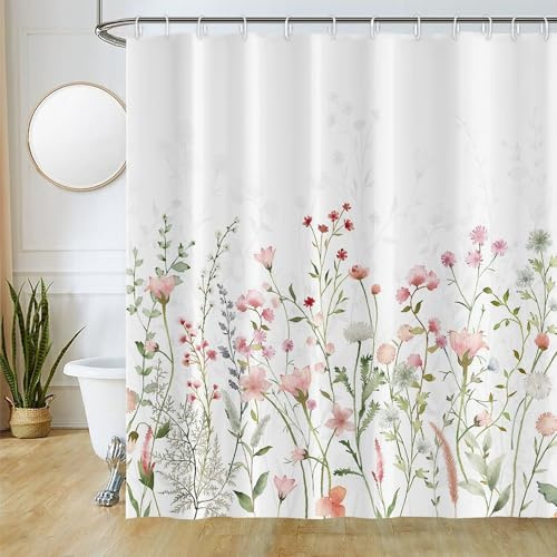 Uiiooazy Duschvorhang Grün Blätter Rosa Blumen Vintage Textil Anti Schimmel Wasserdicht Polyester Stoff Waschbar Blickdicht Bad Vorhang mit 12 Haken für Badezimmer 180x220cm