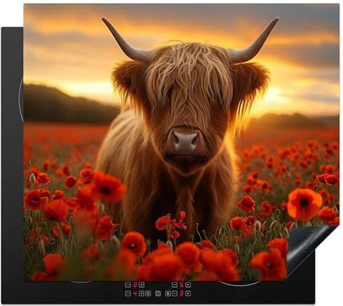 KitchenYeah© Herdabdeckplatte Einteilig Küche Herdabdeckung Induktionsfeld Ceranfeld Herdabdeckplatten Vinyl Matte Aufrollbar Schottisches Hochlandrind - Rosen - Blumenfeld - Kuh - 60x52 cm