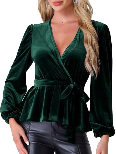 Allegra K Mujer Blusas Terciopelo Lazo En La Cintura Manga Larga Elegante Cuello En V Blusa Peplum Verde Oscuro S