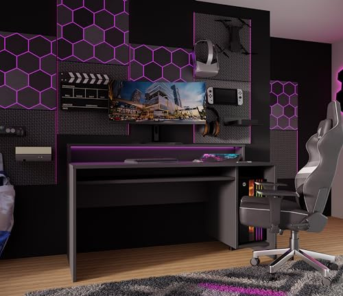 FORTE TEZAUR Schreibtisch 160, Schwarzer Schreibtisch R, Modernes Home Office, Büro, Jugendzimmer, Gamgingzimmer, Computertisch, Holzwerkstoff, Schwarz, 160 cm breit x 94 cm hoch x 69 cm tief
