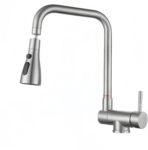 Einhebelmischer für Küche, klappbar, mit 3 Strahlarten, Küchenarmatur, faltbar, für Fenster, Mischbatterie für Spüle, Küche, aus Edelstahl 304, gebürstet (gebürstet)