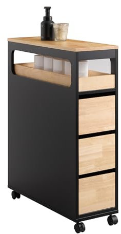 SoBuy Mueble de Baño Estrecho, Mueble Auxiliar Baño con Ruedas, con 3 Cajones y 1 Compartimento Abierto, Armario en Madera, Fácil de Mover, Negro 65x24x82cm BZR54-II-SCH
