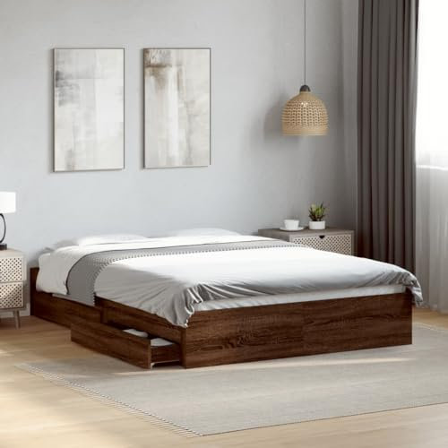 NQJIBUE Home Garden Bettgestell mit Schubladen ohne Matratze Braun Eiche 140x200 cm