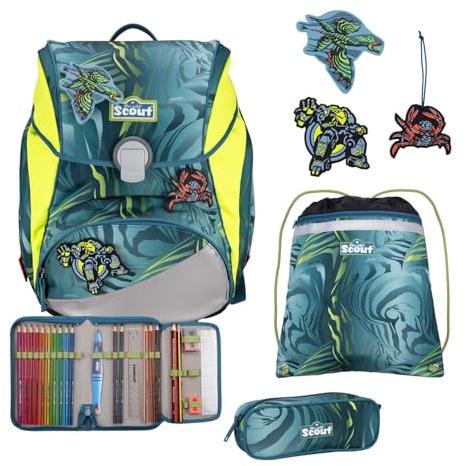 SCOUT Alpha Schulrucksack-Set 4-teilig, Softer Schulrucksack für die Grundschule 1. bis 4. Klasse – geräumig, sicher & ergonomisch, höhenverstellbar, ca. 20 l Volumen (Action)