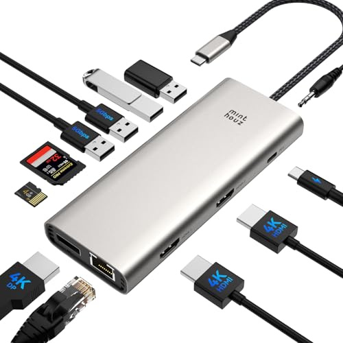 Minthouz USB C Docking Station,12 in 1 Triple Monitor USB C Hub für Dell HP Lenovo,Thunderbolt4 & 100W PD, 4K@144Hz DP+2×HDMI, 4×Type 3.0/2.0, Gigabit LAN, SD/TF Mini Dock für Win11/macOS13+Linux