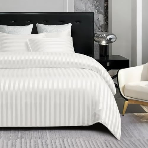 Gezu - Funda nórdica de 220 x 240 cm, satén blanco brillante, satén a rayas, juego de cama de 220 x 240 cm, suave seda, ropa de cama para 2 personas, adulto con cremallera y 2 fundas de almohada de 65