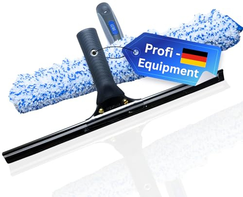 Glanzgenie Fensterwischer & Fenster-Abzieher von LEWI (35cm) | Fensterreinigungs-Set aus T-Träger mit Mikrofaser-Bezug & Abzieher | Ergonomischer Griff | gratis Ersatzgummi und Mikrofasertuch dazu