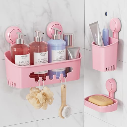 LEVERLOC Shower Caddy Suction Set Bathroom Accessories Storage 2 Pack Pink | Toothbrush Holder Bathroom Storage No Drilling Rustproof Removable Vacuum Shower Organiser Shelf Soap Toothbrush Set Kitchen