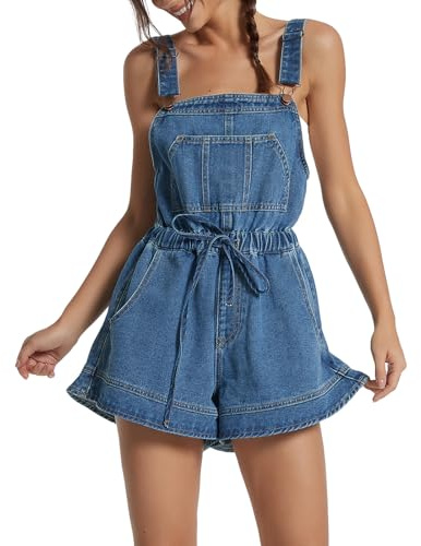 Women's Sleeveless Denim Romper Shorts Ruffle Hem Adjustable Strap Casual Jean Jumpsuits One Piece Outfits, Blue, X-Small
