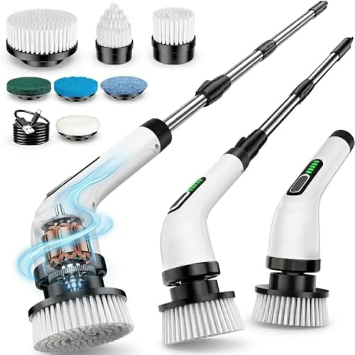 Elektrische Reinigungsbürste, FYDEE IPX7 Electric Cleaning Brush mit 7 Bürstenköpfen & Verstellbarem Griff, Kabelloser Power Scrubber, Putzbürste Elektrisch für Bad, Küche, Auto, Boden