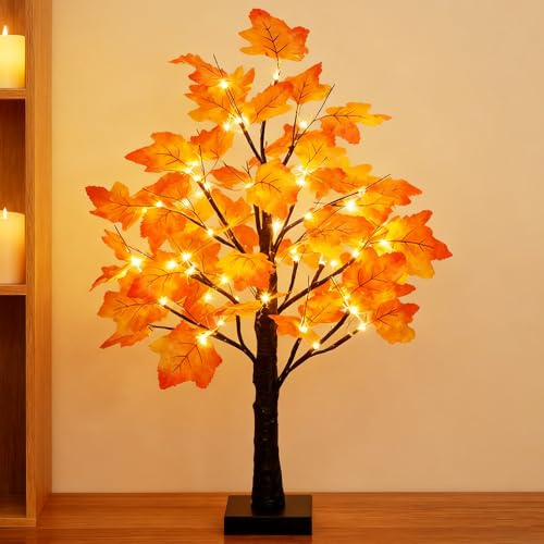 60cm LED Baum Lichterbaum Mit Ahornblättern - Warmweiße Ahornblatt Baum Lichter 24 LED Innen, USB/Batteriebetrieben Für Wohnzimmer Tischdeko, Gemütliches Licht Zu Weihnachten & Thanksgiving (Schwarz)