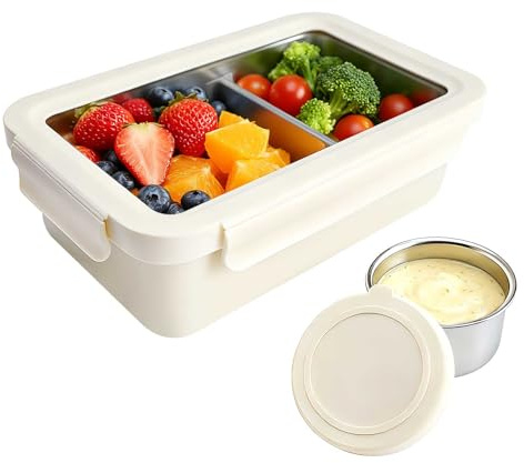 YINGRACE Edelstahl Brotdose, 1250 ml Auslaufsichere Lunchbox, Mikrowellengeeignet mit Herausnehmbarer Trennwand, Durchsichtiger Luftdichter Deckel, Bento Box für Arbeit, Salatbox To Go, Beige