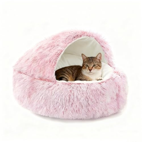 Beruhigendes Katzenbett, Hundehöhle, flauschiges Plüsch, Welpen, Kätzchen, mit Kapuze, Kissen, groß, mittelgroß, klein, Donut-Höhle, warmes Innenzelt, Iglu-Schlafsack (Rosa, 60 cm)