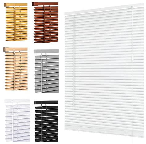 Ruby Deals Custom Made to Measure PVC Venetian Blinds Window 25mm Thin Slats Easy Fit Window Treatment Shutters Child Safe Home Office (White blinds W114 x 213Hcm)