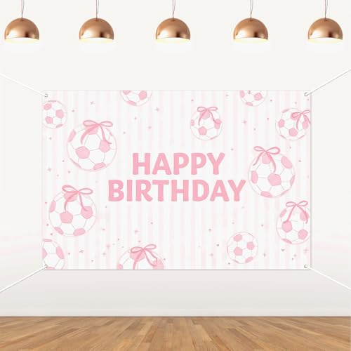 YO PERREO SOLA Soccer Birthday Backdrop,Pink Bows Coquette Theme Banner Girl’s Sports Birthday Party Decoration Soccer Ball Photo Background Party Supplies
