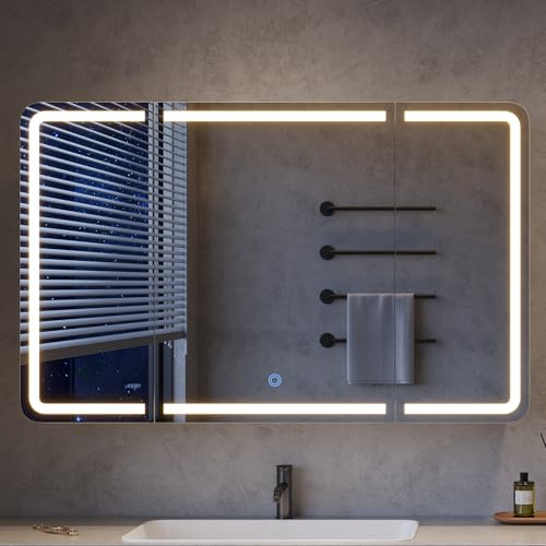 mojiasion 3-türiger Spiegelschrank Bad mit 360° Rundumsicht – 100 cm breit, +5 cm Überstand, LED Touch-Sensor, 3 Lichtfarben, dimmbar & integrierte Ladestation (2 USB + 2 Steckdosen)