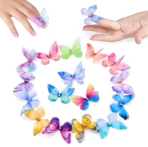 Shimilili 100 Pezzi 3D di Farfalle con Strass, Applique, Ornamenti Adesivi, Paillettes, Tessuto Organza, Decorazioni Estive per Pareti, Abbigliamento e Fermacapelli