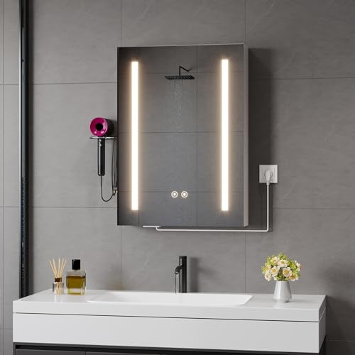 ChromaCasa Spiegelschrank Bad mit Beleuchtung 3-Farbig Dimmbarer & 1AC/2USB-Steckdosen, Badezimmer Spiegelschrank mit Entfeuchtung mit 1 klick für Badezimmer(Weiß,50x70x15cm)