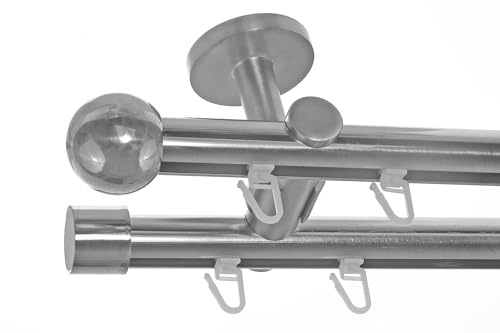BASIT Gardinenstange Innenlauf Edelstahllook 20mm 2-läufig Decke 140cm D40 | Gardinenstangenset doppelläufig Deckenmontage Metall Vorhangstange Deckenhalterung 120-600cm wählbar Kappe Kugel E33