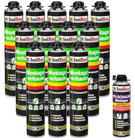 Isolbau Bauschaum-Set - Inkl. 12 x 1K Montageschaum B2 Pistolenschaum mit hervorragender Schall und Wärmedämmung (je 750 ml) & 1 x PU-Schaum-Reiniger (500 ml), Dämmen