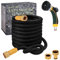 TheFitLife Expandable Garden Hose Pipe - Triple Core Latex and Solid Metal Fittings 8 Pattern Spray Nozzle EU Standard Expanding Kink Free Easy Storage Flexible Water Hose (100 FT, Black)
