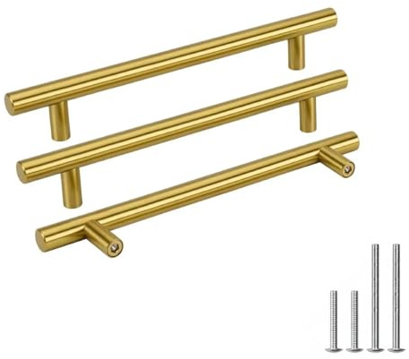 Goldenwarm 6Pack Gold Wardrobe Door Handles 160mm (6-9/16Inch) Hole Center T Bar Gold Kitchen Handles, Brushed Brass Pulls for Kitchen Cupboard, Cabinet, Drawer, Wardrobe