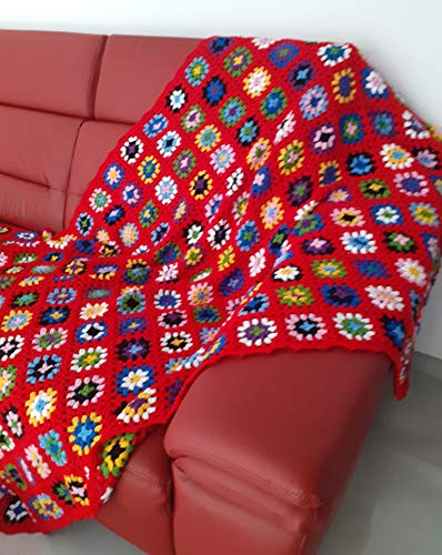 Patchwork Decke 120x200, rot, XXL, Tagesdecke, Plaid, gehäkelt, Granny Square, Handarbeit, Vintage Look